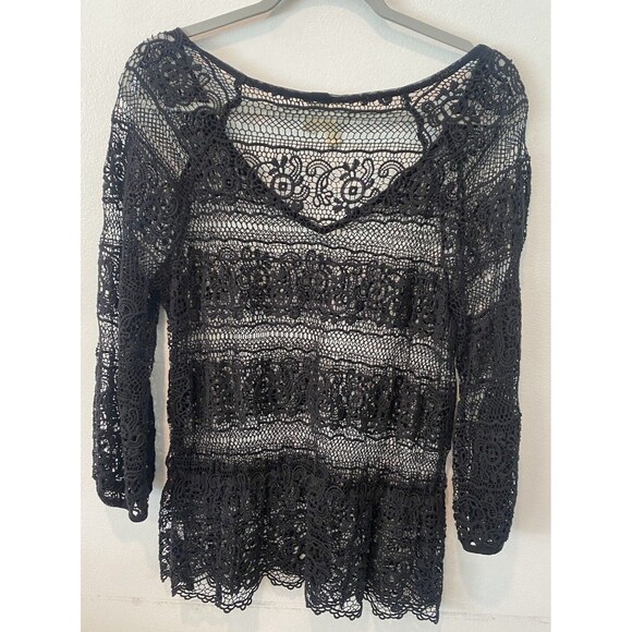 We the Free Black Lace Top Long Sleeve V Neck Goth Romantic Sheer Size M - Picture 4 of 4
